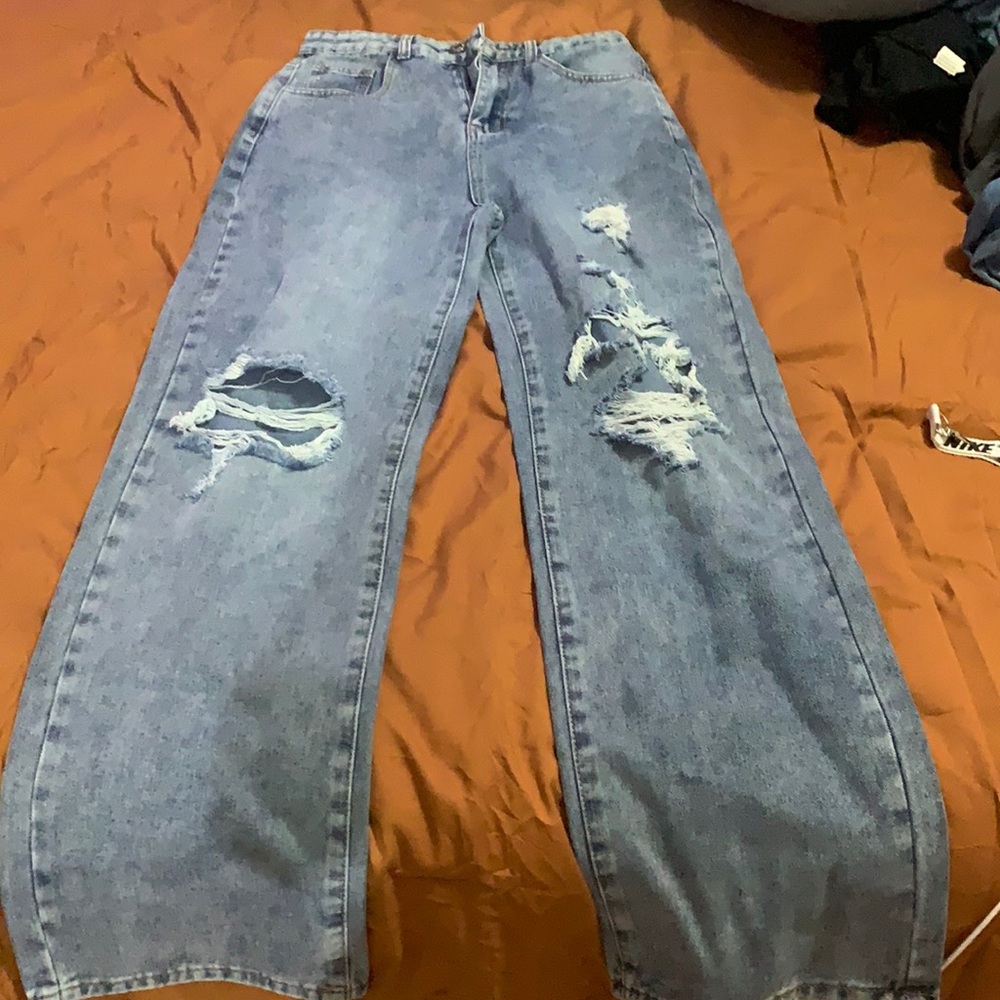 high waist stone wash ripped jeans